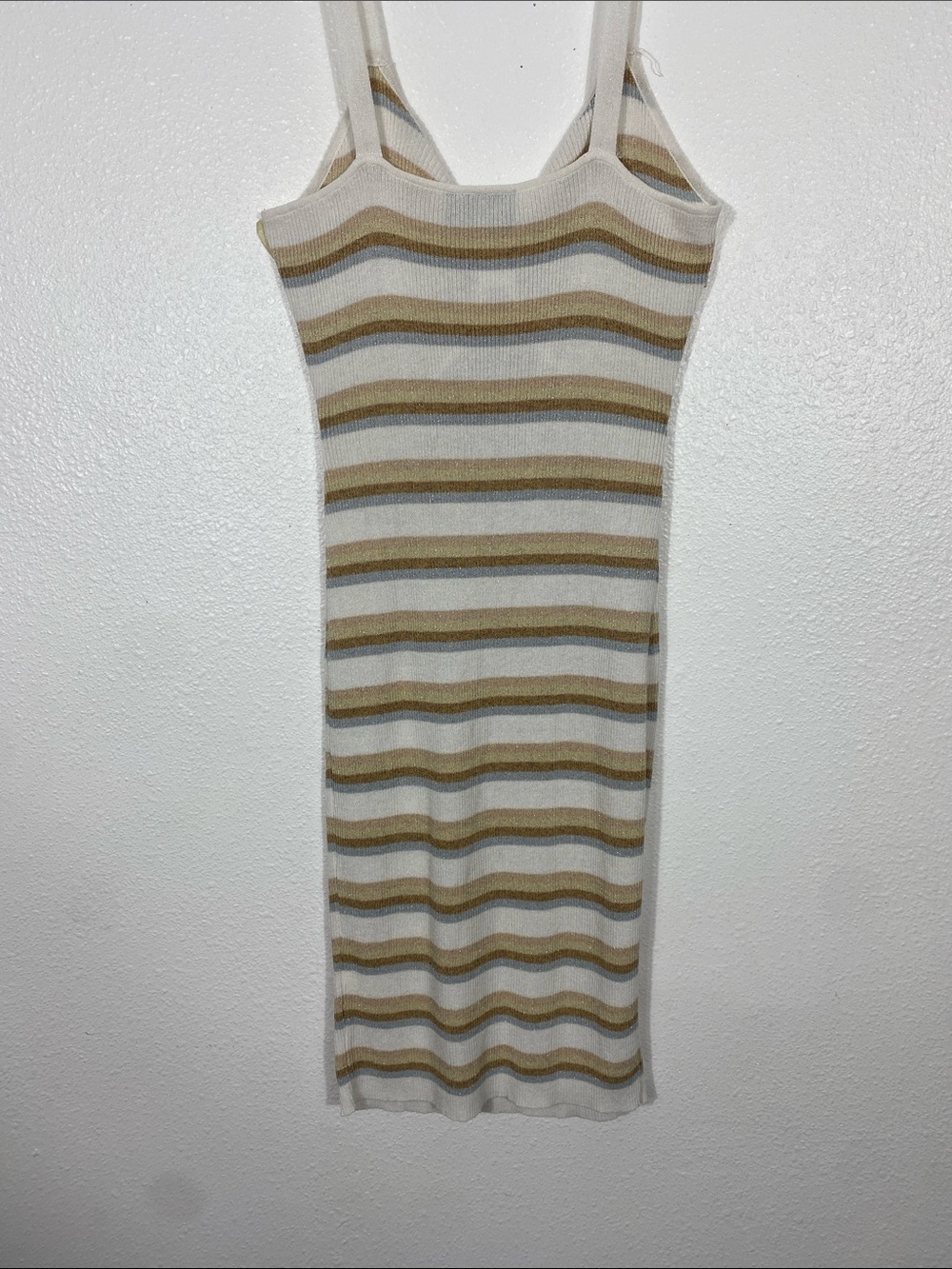 Vici Beige and White Striped Twist Cutout Midi Dress Stretch Size L 79% Viscose - Picture 6 of 16
